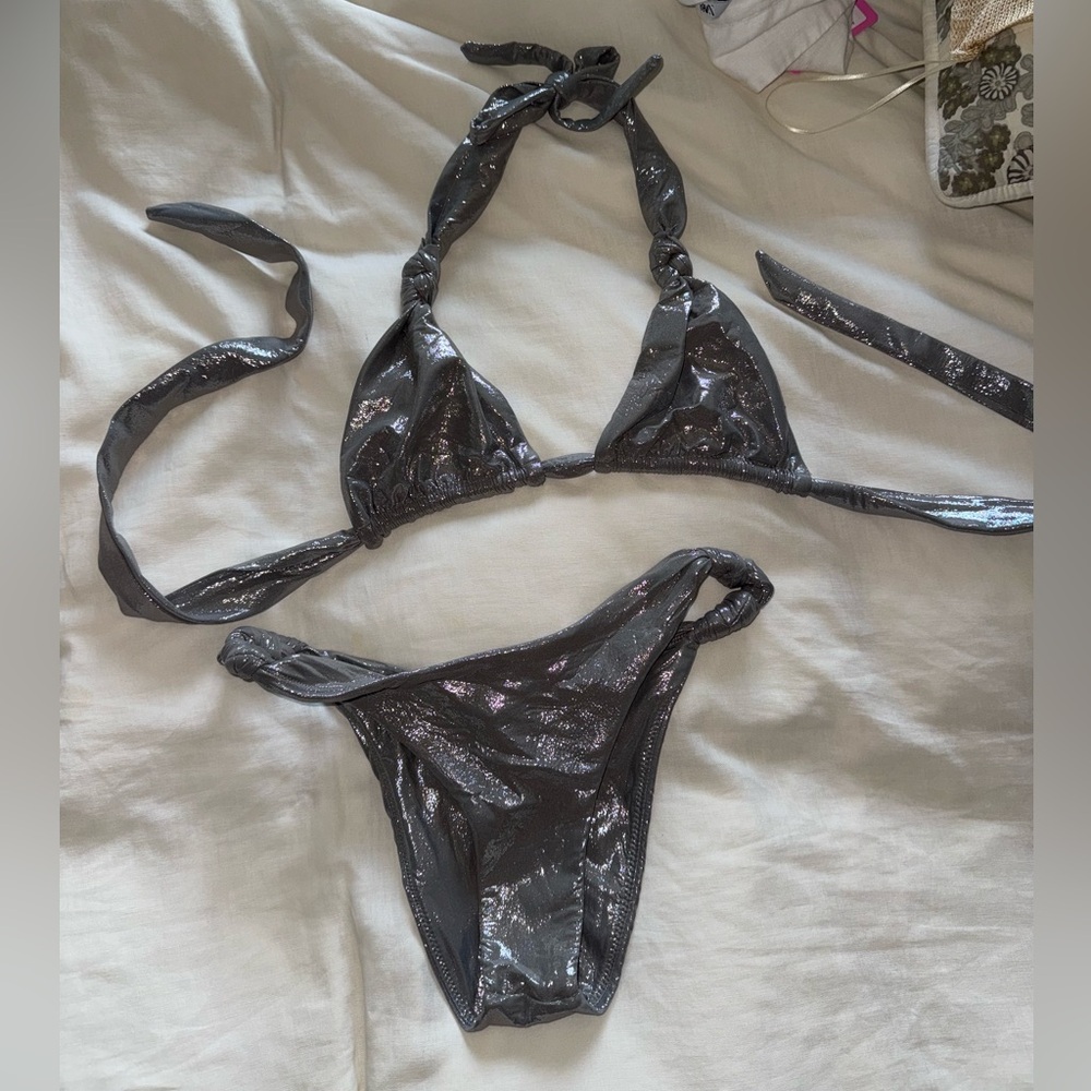 SKIMS liquid shine bikini set in silver